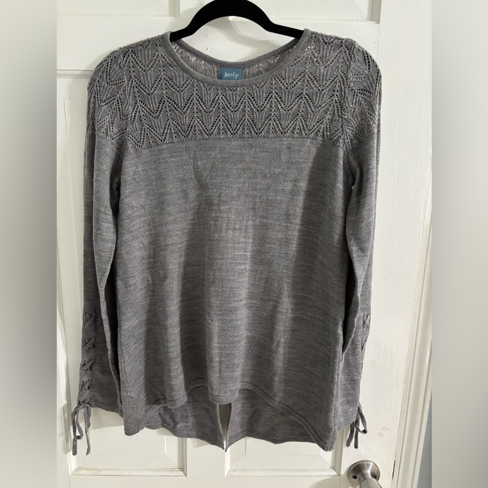 Neely Gray Crewneck Sweater with Lace Accents